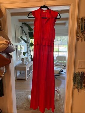 THML Vibrant Red Maxi Dress with Ruffle Accents